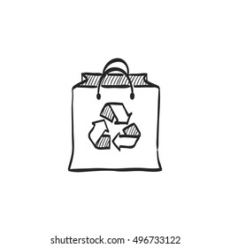 Recycle Symbol Icon In Doodle Sketch Lines. Environment Go Green Paper Bag Shopping Buying Store