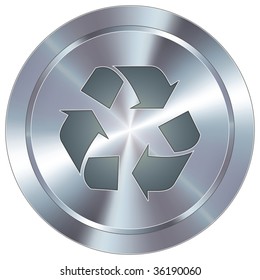 Recycle symbol icon on round stainless steel modern industrial button
