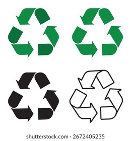 Conjunto de Vectores de icono de símbolo de reciclaje. Esquema y conjunto de Vectores de icono de reciclaje. Ilustración vectorial de icono de reciclaje negro y verde.