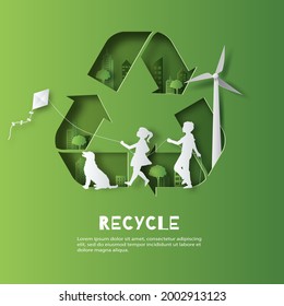 Recycle Symbol, kids playing kite, enjoy their life in a good atmosphere, save the planet and energy concept, paper illustration, and 3d paper.