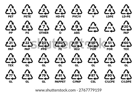 Recycle symbol line icon set. Recycling codes for plastic, paper and metals as well as other materials. Triangular sign. Vector Illustration.