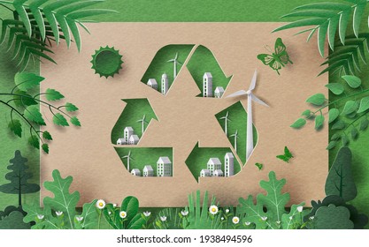 Recycle Symbol со многими зданиями и зелеными листьями, сохранить концепцию планеты и энергии, бумажную иллюстрацию и трехмерную бумагу.