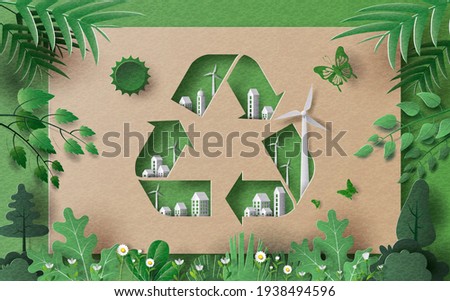 Recycle Symbol with many building and green leaves, save the planet and energy concept, paper illustration, and 3d paper. Foto d'archivio © 
