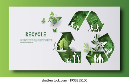 Símbolo de reciclaje, mucha gente haciendo actividades, disfruta de su vida en una buena atmósfera, salva el concepto de planeta y energía, ilustración de papel y papel 3d.