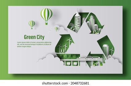Recycle Symbol, many people doing activities, enjoy their life in a dream city, save the planet and energy concept, paper illustration, and 3d paper.