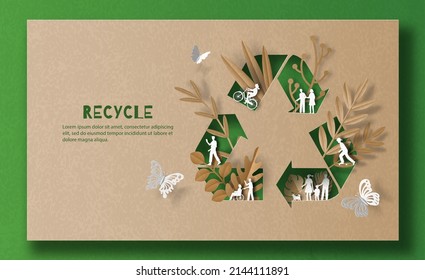 Símbolo de reciclaje, mucha gente haciendo actividades, disfruta de su vida en una buena atmósfera, salva el concepto de planeta y energía, ilustración de papel y papel 3d.