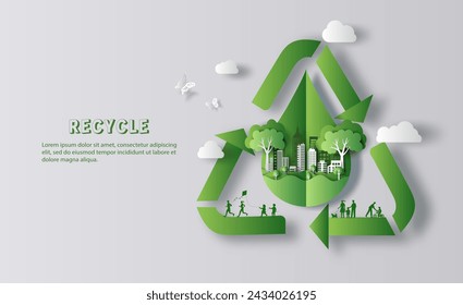 Recycle Symbol, many people doing activities, enjoy their life in a good atmosphere, save the planet and energy concept, paper illustration, and 3d paper.