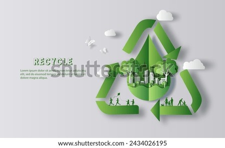 Recycle Symbol, many people doing activities, enjoy their life in a good atmosphere, save the planet and energy concept, paper illustration, and 3d paper.