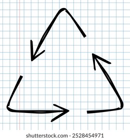 Símbolo de reciclagem no plano de fundo de papel xadrez. Sinal de esboço reutilizável.