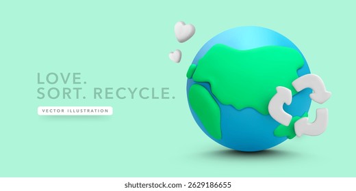 Recycle Symbol on Earth Promoting Sustainability, Eco Awareness, and Planet Love in a 3D Minimal Style with Floating Hearts. Ideal for Green Campaigns and Education. Vector Illustration.