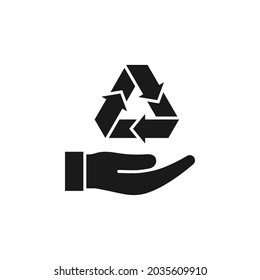 Recycle symbol on hand icon flat style isolated on white background. Vector illustration