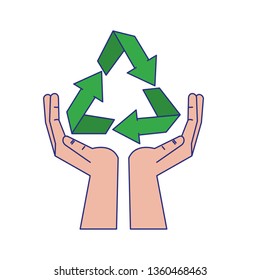 Recycle symbol on hands open symbol blue lines