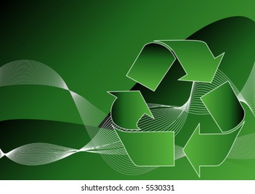 Recycle symbol over green abstract background with waves lines and curves
