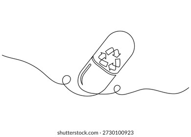 Símbolo de reciclaje con píldora de dibujo continuo de una línea para el Vector de ilustración minimalista de atención médica sostenible