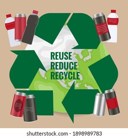 Recycle symbol with plastic bottles and cans. Vector symbol on the packaging, vector Illustration.