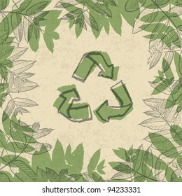 Recycle symbol, printed on reuse paper. In frame of leaves. vector illustration, EPS10.