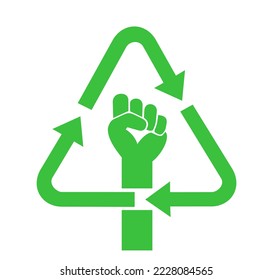 Recycle symbol and raised fist - Green revolution for climate, ecology and environment sustainability. Environmentalist activism and protest. Vector illustration isolated on white.