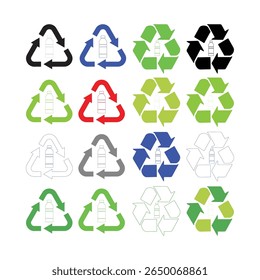 Recycle symbol set with arrows and plastic bottle inside icons. Eco conscious branding initiatives. Reusing recycling, reuse and reduce plastic label badge for print on packaging. Vector. 