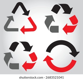Conjunto de símbolos de reciclaje en negro, gris y rojo.