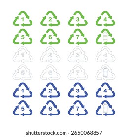 Recycle symbol set with recycling code or resin identification codes. Icons PET, PETE, HDPE, PVC, LDPE, PP, PS and OTHER. Made of to assist in recycling. Vector.