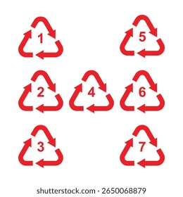 Recycle symbol set with recycling code or resin identification codes. Icons identify the material an item is made of to assist in recycling. The codes 1 through 7 are used for plastics. Vector.