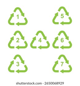 Recycle symbol set with recycling code or resin identification codes. Icons identify the material an item is made of to assist in recycling. The codes 1 through 7 are used for plastics. Vector.