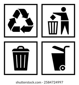 Recycle symbol set. Trash bin sign. Rubbish can. Wheelie bin sign. Throw the rubbish in the bin sign. Keep clean symbol. Do not litter label.