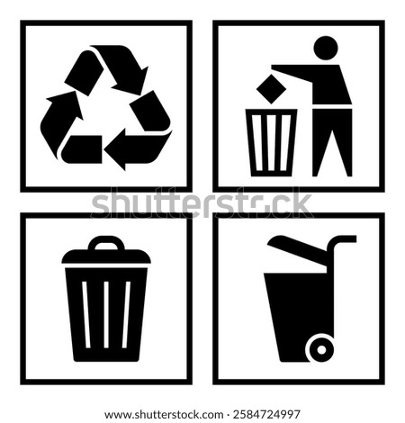 Recycle symbol set. Trash bin sign. Rubbish can. Wheelie bin sign. Throw the rubbish in the bin sign. Keep clean symbol. Do not litter label.
