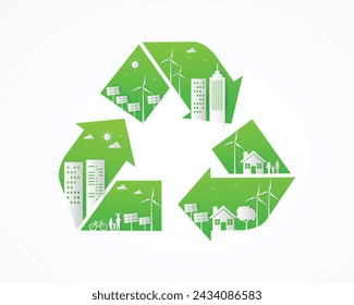 reciclar la forma del símbolo y el medio ambiente de la ecología sobre fondo blanco. salvar el mundo y la naturaleza. hogar con turbina eólica, panel solar. ilustración vectorial diseño de estilo de corte de papel.