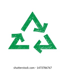 Recycle symbol in sketching style with green color isolated on white background. Graphic element for an eco-friendly concept.