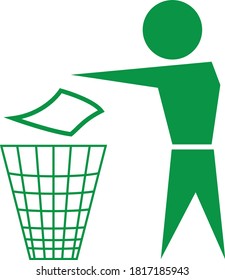 Recycle symbol, Stick man throwing trash into garbage can stock illustration