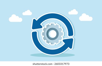 The recycle symbol surrounds a system gear, illustration of a refresh for business systems