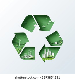 Recycle symbol of Sustainability in green eco city, alternative energy and ecology conservation concept background. Vector illustration in paper art craft style.