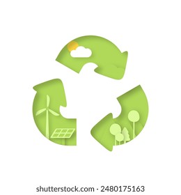 Recycle symbol of Sustainability in green eco friendly, alternative energy and ecology conservation concept background. Vector illustration in paper art craft style.