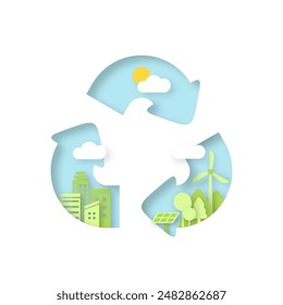 Recycle symbol. Sustainability in green eco friendly, alternative energy and ecology conservation concept background. Vector illustration in paper art craft style.