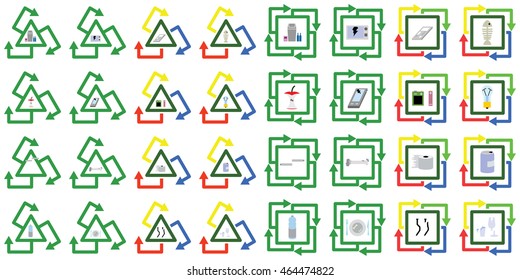 recycle symbol using triangle and square for many waste elements such as broken microwave oven, mobile phone, bottle, glass, lamp, food vector idea 