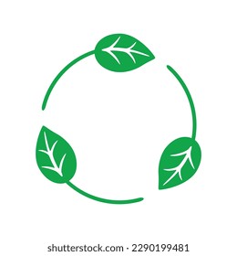 Recycle symbol, vector illustration. Biodegradable and compostable recycling. Eco friendly label. Recycle icon with green leaves and copy space. Biodegradable logo with empty space.