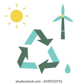 Recycle symbol with windmill and sun. Vector illustration in flat style with environment theme. Editable vector illustration.