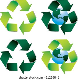Recycle symbols with globes on white background