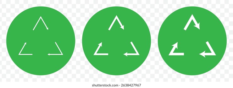 Recycle symbols. Recycling arrow icons. Reusing symbols. Recycling label. Recycle badge. Recycling icons. Recycling Symbol Variations reuse and reduce icons on Transparent Background. EPS 10.