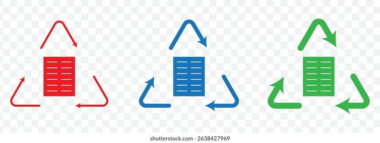 Recycle symbols. Recycling arrow icons. Reusing symbols. Recycling label. Recycle badge. Recycling icons. Recycling Symbol Variations reuse and reduce icons on Transparent Background. EPS 10.