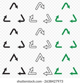 Recycle symbols. Recycling arrow icons. Reusing symbols. Recycling label. Recycle badge. Recycling icons. Recycling Symbol Variations reuse and reduce icons on Transparent Background. EPS 10.