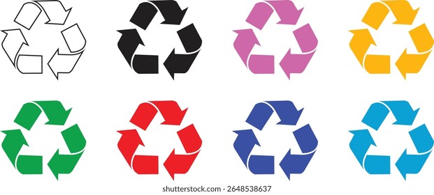 Recycle symbols. Recycling arrow icons. Reusing symbols. Recycling label. Recycle badge. Recycling icons. Recycle, reuse and reduce icons.
