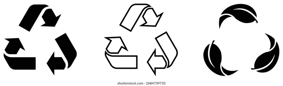 Conjunto de iconos de reciclaje, flechas sólidas y de contorno, paquete de símbolos ecológicos. Reciclaje de flechas y hojas, paquete de Vector ecológico simple. reciclar, ecología, eco, ecológico, reciclaje, Vector