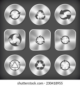Recycle symbols set. Vector round and square steel buttons.