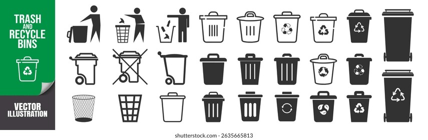 Recycle Symbols and Trash Bin Icons Set. Eco Vector Elements Collection Isolated on Transparent Background