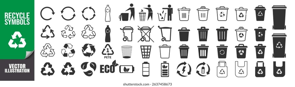 Recycle Symbols and Trash Bin Icons Set. Eco Vector Elements Collection Isolated on Transparent Background