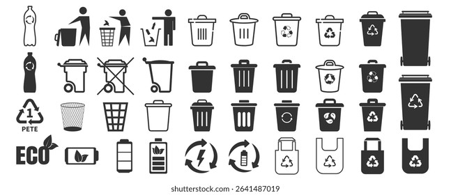 Recycle Symbols and Trash Bin Icons Set. Eco Vector Elements Collection Isolated on Transparent Background