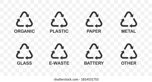 Recycle symbols. Recycle vector icons Organic, Plastic, Paper, Metal, Glass, E-Waste, Battery and other. Recycle black icons, isolated. Separation icons. Vector illustration