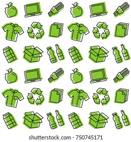 Recycle things seamless vector pattern. Recyclable things line art pattern on the background: clothes, lamp, cardboard box, electronics, bottles, food, paper, etc. Recycle banner graphic design.
